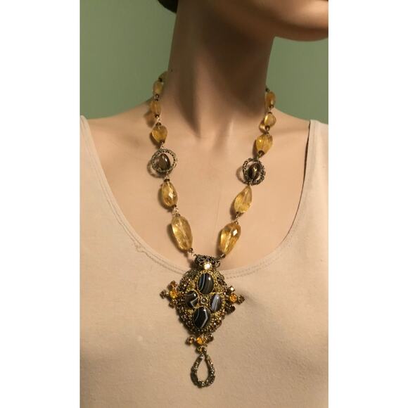 Vintage Marian Raser Banded Agate/Citrine Etruscan Revival Pendant Necklace - Picture 2 of 8